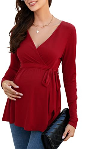 KOJOOIN Chemise d'allaitement pour Femme Chemise De Maternité Col en V À Manches Longues Hauts d'allaitement avec Ceinture Vêtements De Maternité