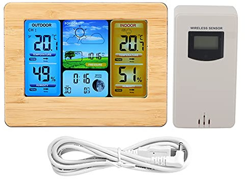 Akozon Station Météo sans, météo numérique sans Fil LCD Thermomètre d'humidité Fil pour Intérieur Extérieur Horloge intérieure et extérieure (Jaune) LCD Numérique Portable Mural Ou Droit(Jaune)