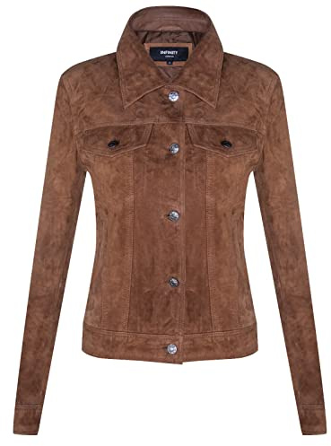 Infinity Leather Chaqueta de Mezclilla de Cuero Occidental Bronceado Clásica de Camionero de Ante Para Mujer