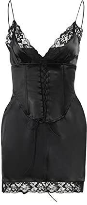 MAHUAOYIXI Abito Corto Donna Vestito Aderente Senza Maniche Corsetto Trasparente Senza Schienale Scollo a V Elegante in Pizzo Ricamo Floreale Sexy Bodycon Mini Abito da Cerimonia Sera Casual