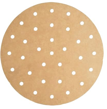 TopHomer Perforerat 18 cm pergamentpapper för luftfritösfoder, rund, oblekt, 100 ark, AirFryer, blotting-papper, bambu ångkorg, bakpapper, mikrovågsugn, ugn, non-stick, matlagning, brun