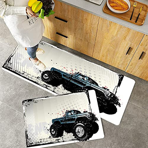 Küchenteppich Teppich Läufer Küchenläufer 2 Stück rutschfest,LKW, Halbtonmuster Hintergrund mit Farbe bespritzt Rahmen und Monster Truck Motiv, Elfenbe, Waschbar für Flur Küche 40 x 100 cm+40 x 60 cm