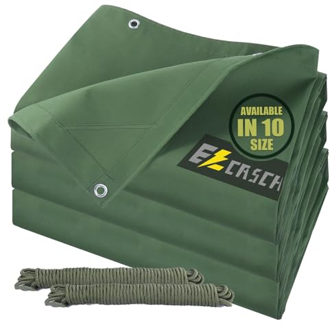 Ezcasch 10’x10’ Canvas Tarp Heavy Duty Water Resistant Tarpaulins with Aluminum Grommets,UV Resistant, 22Mil Multipurpose Drop Cloth, 14oz Durable Cover Sheet for Outdoor and Indoor Use with Ropes.