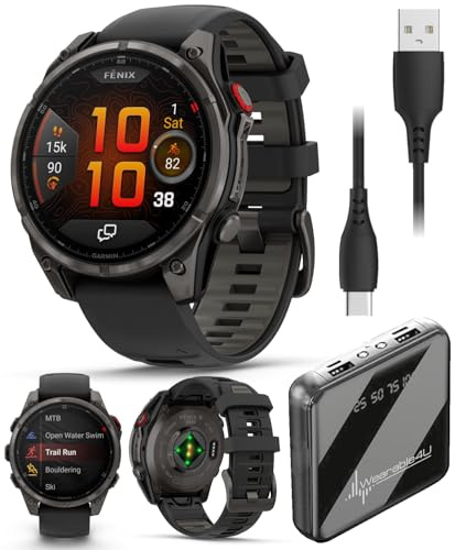 Garmin Fenix 7 Pro Solar Sapphire Multisport GPS Smartwatch, Titanium, Fog Gray/Ember Orange with Wearable4U E-Bank Bundle 47 x 47 x 14.5 mm