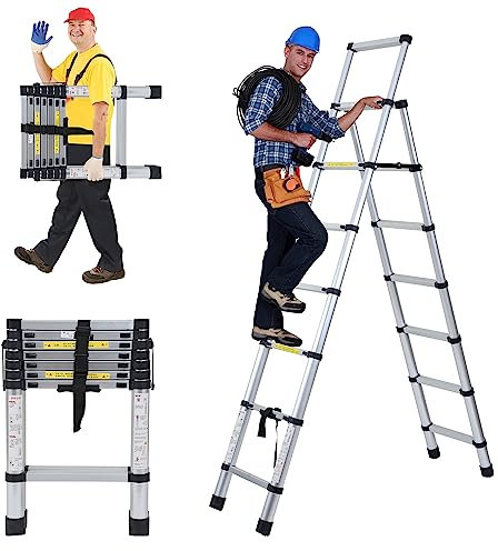 Sonnewelt Scala telescopica pieghevole, a 6+7 pioli, con telaio ad A, in alluminio, da 2 m+2,3 m, per riparazioni di tetti
