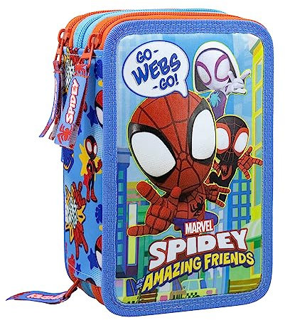L'ERBAVOGLIO - Spidey – Federmäppchen für die Schule mit 3 Reißverschlüssen Original Spidey und Ihre fantastischen Freunde – Spiderman – komplett mit 44 Teilen – Offizielles Produkt von Marvel