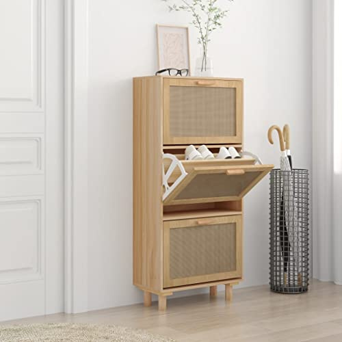 ZEYUAN Schuhschrank Braun 52x25x115 cm Holzwerkstoff & Rattan Natur, Schuhorganizer, Flurgarderobe, Shoe Cabinet, Schuh Schrank, Flurschrank, Schuhkipper, Schuhaufbewahrung