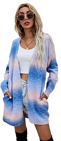 HEYPORK Damen Herbst Winter Warm Bequem Jacke Casual Mode übergangsjacke Mantel Frauen Pullover Regenbogen Mittlere Länge Strickjacke Tasche Gestrickt Jacke