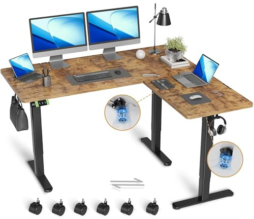 Claiks L Shaped Standing Desk, 160 x 140 cm Dual Motor Adjustable Height Electric Standing Corner Desk for Home Office, Sit-Stand Computer Ergonomic Table For Home Office, Rustic Brown