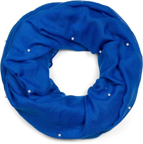 styleBREAKER Damen Loop Schal mit Perlen Applikation, Unifarben, Leichter Schlauchschal Einfarbig, Tuch 01016168, Farbe:Royalblau