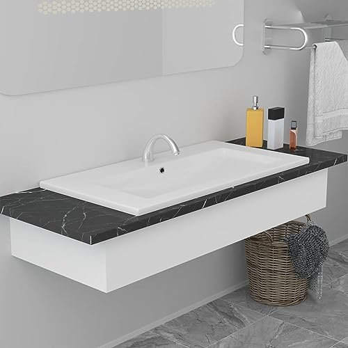 ARKEM Lavabo da Incasso 81x39,5x18,5 cm in Ceramica Bianco,Lavandino di Appoggio Design Moderno,Lavabo ad incasso in ceramica,Rettangolare,Finitura Bianco Lucido,Lavamani senza Piletta,Bacinella Sanit