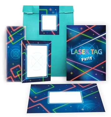 Limonia 12 Einladungskarten zum Kindergeburtstag Laser Tag Party Einladung Geburtstag Mädchen Kinder Jungs Jungen Boys Mitgebsel inkl. 12 Umschläge, 12 Tüten, 12 Aufkleber, 12 Lesezeichen, 12 Blöcke