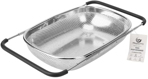 ZDRongZhen Kitchen Accessories Over the Sink Colander Strainer Basket，Stainless Steel Colander with Expandable Rubber Grip Sink Drainer-Rinse Vegetables Fruits &Strain&Drain (Large-Dense round hole)