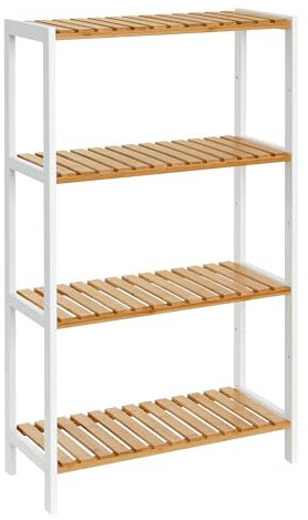 SONGMICS Badezimmerregal, Badregal, Küchenregal, Schuhregal mit 4 Ebenen, Standregal aus Bambus, 26 x 60 x 100 cm, für Bad, Wohnzimmer, Flur, Küche, wolkenweiß-naturbeige BCB034N01