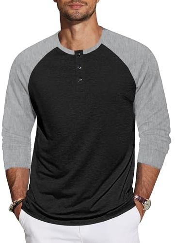 TARAINYA Henley skjorta herr t-shirt för män långärmad tröja herr stretch med knappar smal passform, Svart mörkgrå, L
