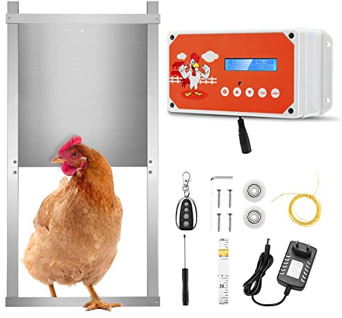 Elektrische Hühnerklappe, MINENICE Automatische Hühnertür mit Zeitschaltuhr & Fernbedienung Hühnerklappe Automatisch Hühner Sicher Aufziehen mit Tür, Batterie oder Solarpanel Verwendet