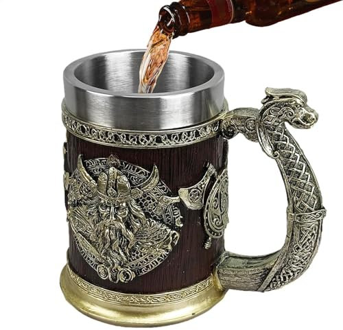 Jarra de cerveza – Vaso de whisky de acero inoxidable de 600 ml | Humpen medieval para hombre, taza de regalo de estilo nórdico, vajilla rústica para bar y