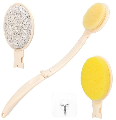 QWORK® Lavaschiena per doccia, spalma crema schiena pieghevole con manico lungo, con tre testine e gancio