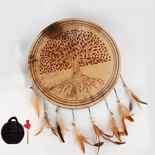 HAGJII Tamburo Sciamanico Con Pelle Di Bufalo Design Nativo Americano, 16/18/20 Pollici Tamburo Rituale E Musica Spirituale Fatto A Mano Tamburo A Cornice, Tamburo A Mano(Totem model 40cm)