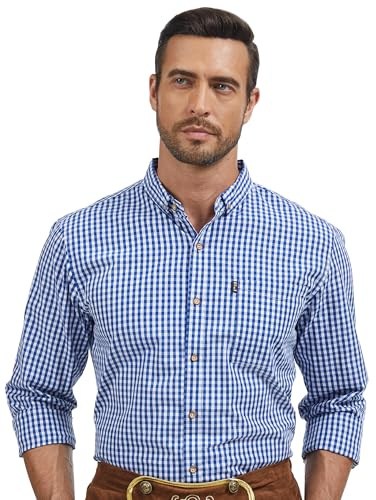 ANTLOOWW Camicia Trachten Uomo Camicia a Quadri Camicie Trachten Cotone Manica Lunga Traspirante Oktoberfest Taglia XS-3XL per Trachten Altre Feste (IT, Testo, L, Regular, Regular, Blu Scuro)