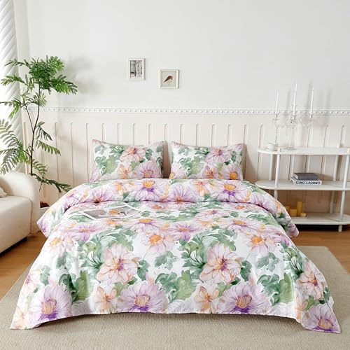 Set Lenzuola Matrimoniali in Microfibre 180x190/200cm, Completo Lenzuola Letto con 2 Federe 50x80 in Stampa, Lenzuola Sopra e Lenzuolo con Angoli, Comfort e Morbidezza, Viaggio Floreale Viola