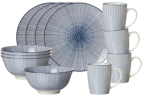 Ritzenhoff & Breker Frühstücksservice Royal Makoto, 12-teilig, Teller Schalen und Becher, Frühstücks-Set für 4 Personen, Porzellan, Blau-Weiß