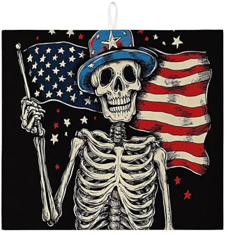 Skeleton Dish Drying Mats For Kitchen Counter, Vintage Patriotic Skeleton Absorbent Dish Drainer Rack Mat, Festival Microfiber Drying Pad For Kitchen Counter Coffee Bar Protector 16x18 Inch