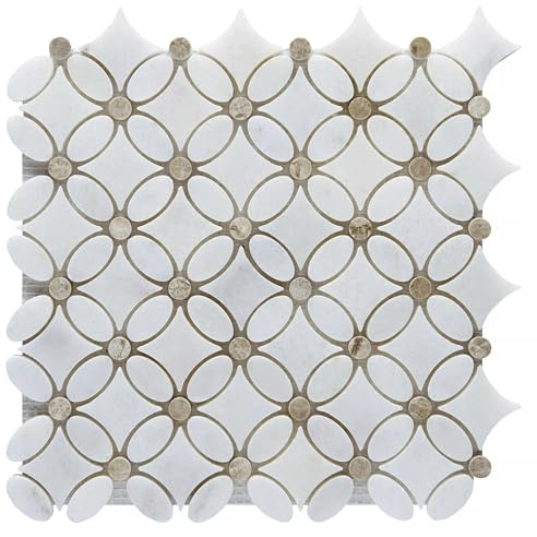 Tuqco Natural Stone Carrara Chateau Flower Polished Marble Mosaic Wall & Floor Tiles | Kitchen Bathroom Backsplash | Meshed