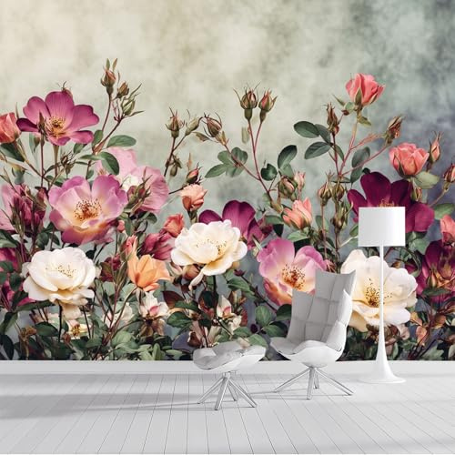DLERFLOVR Papier Peint Soie Pivoine Rétro 150x105cm Papier Peint Panoramique Champs Romantiques XXL Tableaux Décoration Murale pour Salon, Chambre, Décor Fond TV - Vert