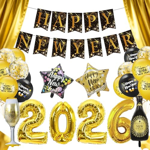 Srvak Silvester Deko 2026 Schwarz Gold Happy New Year 2026 Deko-Set Happy New YearBanner 18 Ballons 2026 Foliennummer Party Accessoires