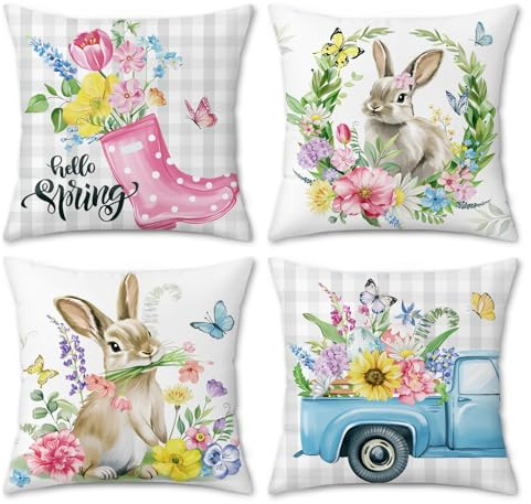 Bonhause Fundas Cojines Conejo Floral 45 x 45 cm Funda de Almohada Primavera Liebre Flor Camión Terciopelo Suave Cojines Decoración Pascua para Sofá Cama Patio Hogar Juego de 4