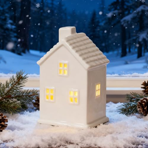 Lichthaus Weihnachten Keramik – Weißes Lichthäuser Dekohaus Mit Warmem Licht – Stilvolle Weihnachtsdorf Häuser Für Fensterbank, Wohnzimmer & Tischdeko Weihnachten, Weihnachtsdeko Innen