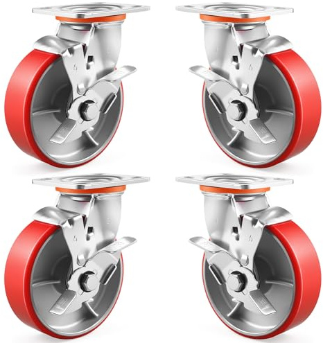 6 Inch Heavy Duty Caster Wheels Set of 4 Industrial Casters with Side Brake,Load 5000Lbs,Polyurethane Silent Steel Wheels,for Heavy Duty Die,Industrial Equipment Movement,U-Boat Cart(4 SideBrake)