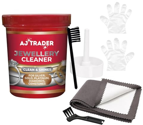 Jewellery Cleaner Kit with Basket, Brush & Gloves for Silver cleaner, Gold & Platinum cleaner| Clean and Shines (145ml) + Large(25cm x 30cm) Professional Double sided Polishing Cloth (colour may vary)