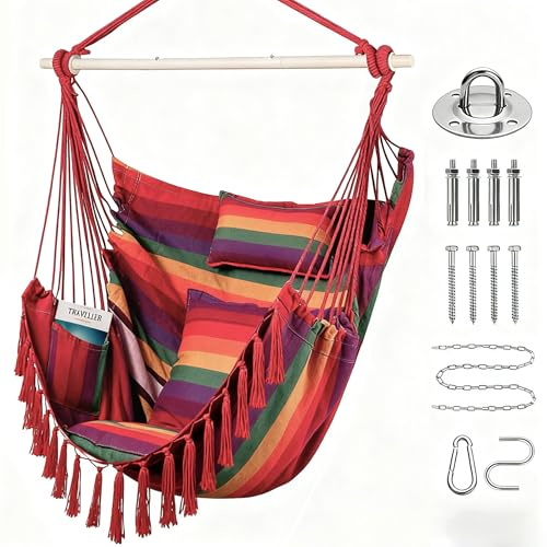 Goutime XXL Hängeschaukelstuhl aus Baumwolle, 2 Sitzkissen, 1 Nackenkissen | XXL Hängestuhl inkl. Seitentaschen & Montagezubehör, für Terrasse & Schlafzimmer (Regenbogen)