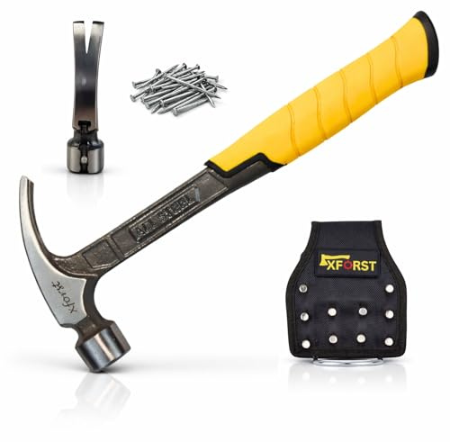 Xforst Marteau de charpentier en acier forgé, poids de la tête de 600 g, avec support magnétique et tire-clous, poignée anti-vibration robuste, ceinture et porte-marteau, 27 cm