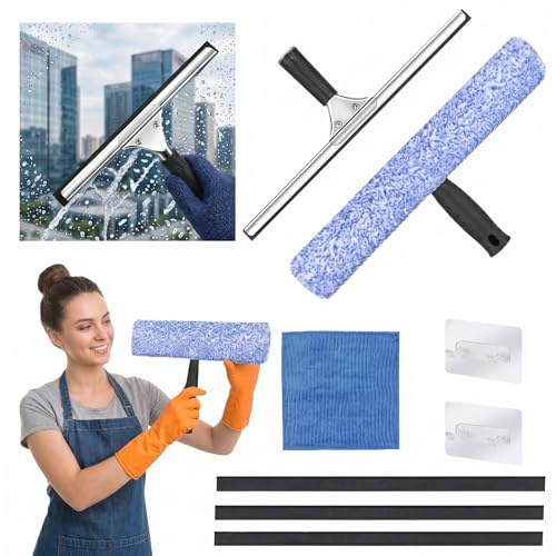 EAAGHK 2PCS Rasquetas Limpiacristales con Mango, Incluye Escobilla de Goma para Ventana 35cm+Limpiador de Cristales de Microfibra 37cm+3 Recambios de Goma+Paño+2 Ganchos para Baño, Espejo,Coches