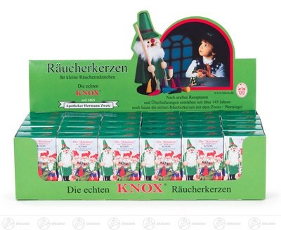 Rudolphs Schatzkiste Zubehör Verkaufsdisplay Knox Mini-Räucherkerzen Tanne, 30 Schachteln à 24 Stück Breite x Höhe x Tiefe 25 cmx6 cmx11 cm NEU Erzgebirge Räucherkegel
