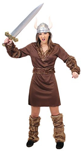 Wikinger KÖNIGIN Krieger Prinzessin+ HARTPLASTIK Schwert + GOLDENEN VIKINGER Helm MIT HÖRNER =BEEINHALTET-Tunika/GÜRTEL/ARM+Bein Stulpen =Game Off Thrones Fasching Karneval=XXLarge