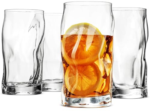 Bormioli Rocco Sorgente Cooler Glasses Set of 4-15.5 Oz. Textured Drinking Glasses for Cocktails, Beverages & Long Drinks - Italian Clear Glassware for Home Bar & Table Décor