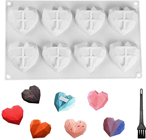 Moulle Silicone Coeur 3d, Moule de Cuisson en Forme de Diamant pour Faire un Petit Gâteau au Chocolat 1 Pièces, avec Brosse de Nettoyage 1 Pièces