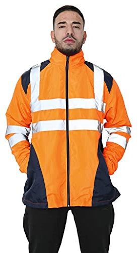 Romaans Hi Vis Rain Jacket Mens High Visibility Waterproof Reflective Tape Band Safety Zipper Hooded Top Lightweight Sizes S to 5XL (Orange, L)