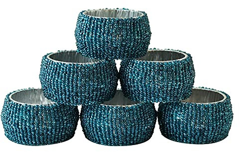 Ajuny Set of 6 Napkin Rings Handcrafted Beaded Round Turquoise Decorative 1.5” Napkin Ring Holder for Everyday Use Dining Table Décor & Organisation Gift