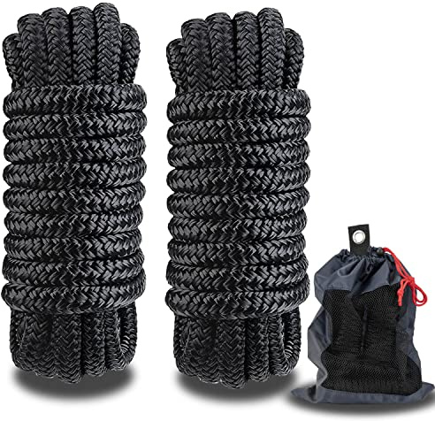 MARINE SYSTEM Double Braided Nylon Dock Lines Rope，3/8 Inch x 15 FT Dock Line with 12 Inch Eyelet for Mooring Boats, Black (2 Pack)