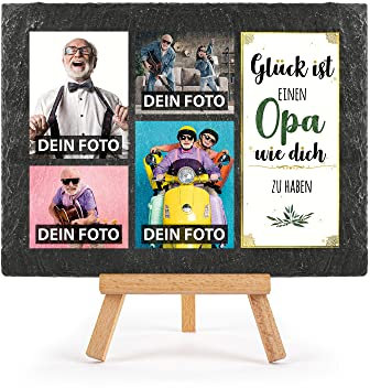 PR Print Royal Schieferplatte selbst gestalten - mit 4 Fotos Bedrucken - Glück ist einen Opa wie Dich zu haben - Geschenk für Opa zum Geburtstag, Weihnachten, Schiefertafel mit Staffelei, 15 x 20 cm