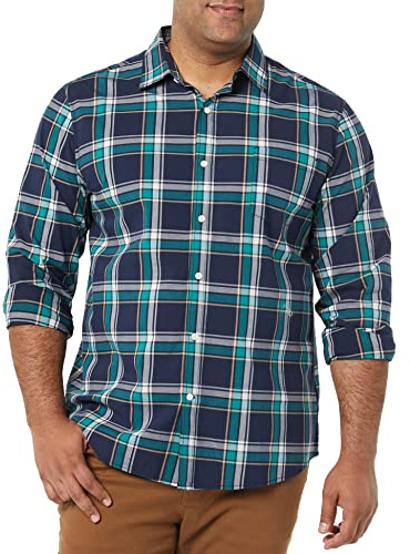 Amazon Essentials Camicia in Popeline Elasticizzato A Manica Lunga dalla vestibilità Regolare Uomo, Verde Scuro Blu Marino Motivo Quadri Medi, XXL