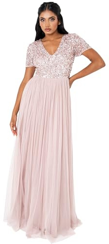 Maya Deluxe Women's Ladies Dress for Wedding Guest Plus Size Empire High Waist Sequins Short Sleeve Evening Bridesmaid, Frosted Pink, 16