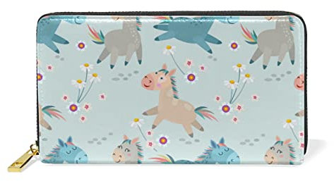 Mnsruu Süßes Gänseblümchen Pferd Blumen Damen Brieftasche Reißverschluss Geldbörse Echtes Leder Geldbeutel Telefon Kreditkartenetui Portemonnaie für Frauen Mädchen