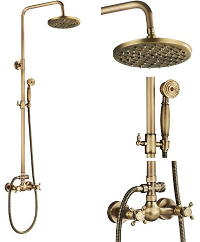 fyheast Duschsäule mit Mischer Vintage-Messing-Duscharmatur mit Handbrause und Duschkopf 100-130 cm höhenverstellbar