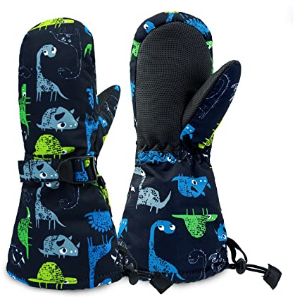 SEYUFN Kinderhandschuhe Winter Thermal Warm Jungen Skihandschuhe Mädchen Fleece Wasserdichtes Futter Bebe Verstellbarer Kinder Sport Handschuhe 1-6 Jahre(Grün-Grau-Blauer Dinosaurier,4-6 Jahre)